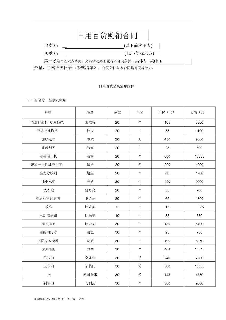 日用百貨購銷合同（最新范本）